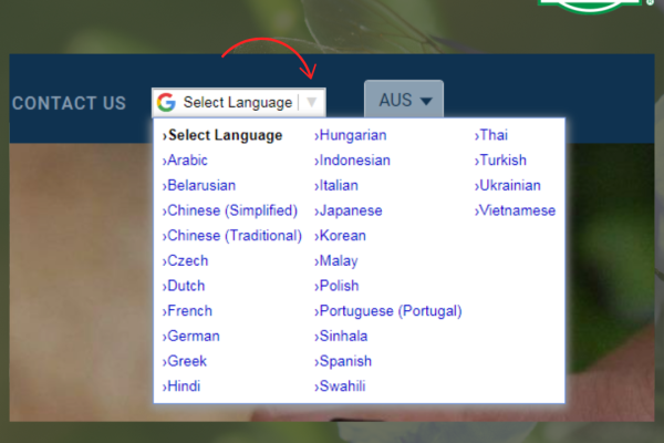 Antelco website drop-down language selector