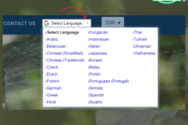 Antelco website drop-down language selector