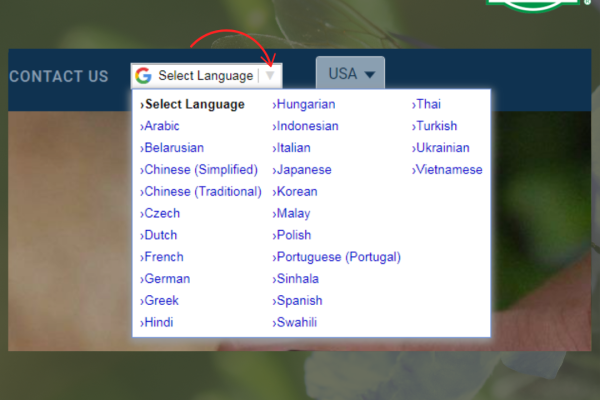 Antelco website drop-down language selector