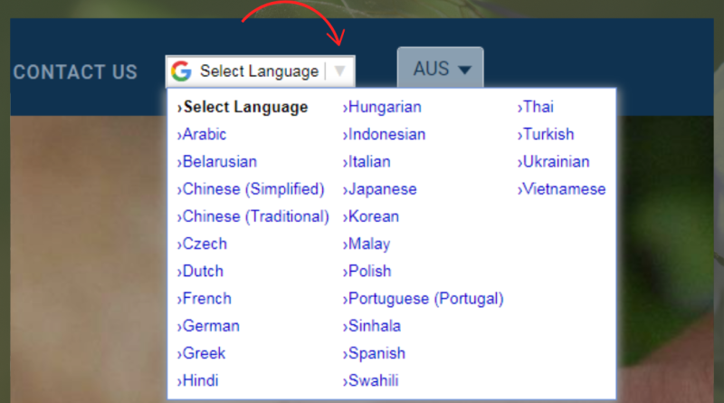 Antelco website drop-down language selector