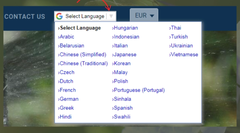 Antelco website drop-down language selector