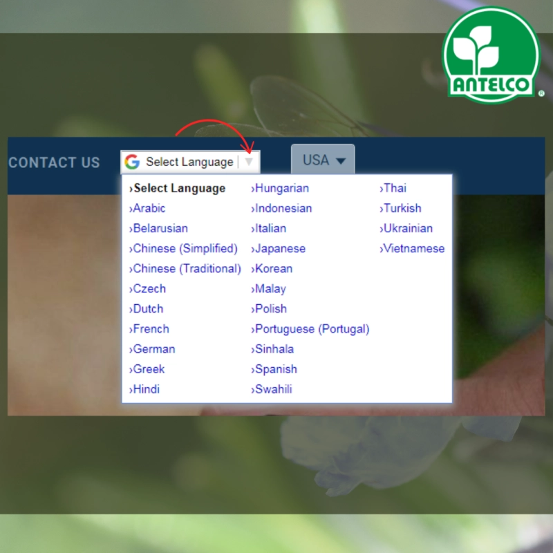 Antelco website drop-down language selector
