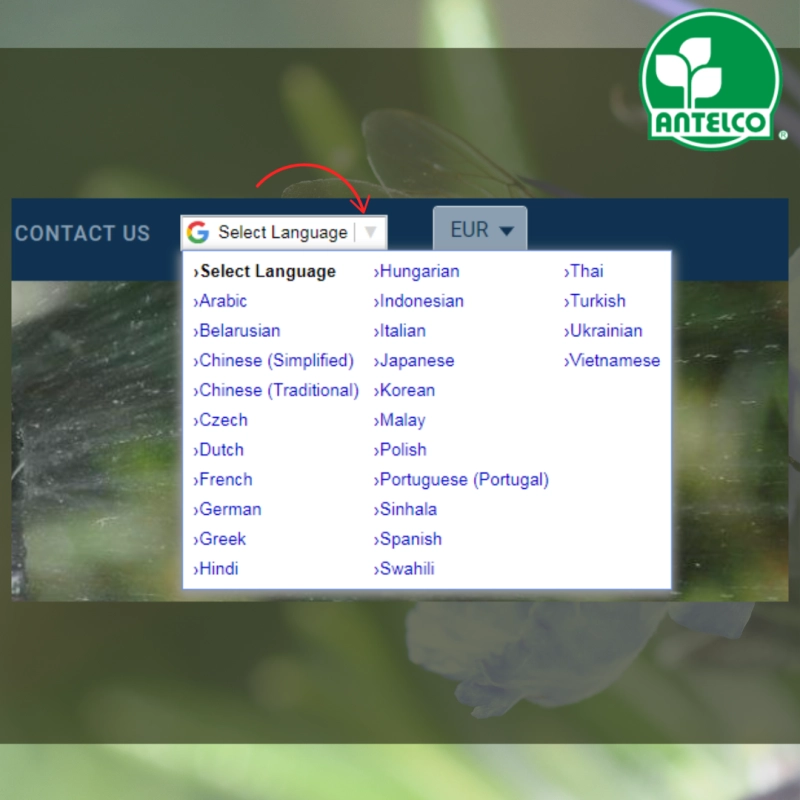 Antelco website drop-down language selector